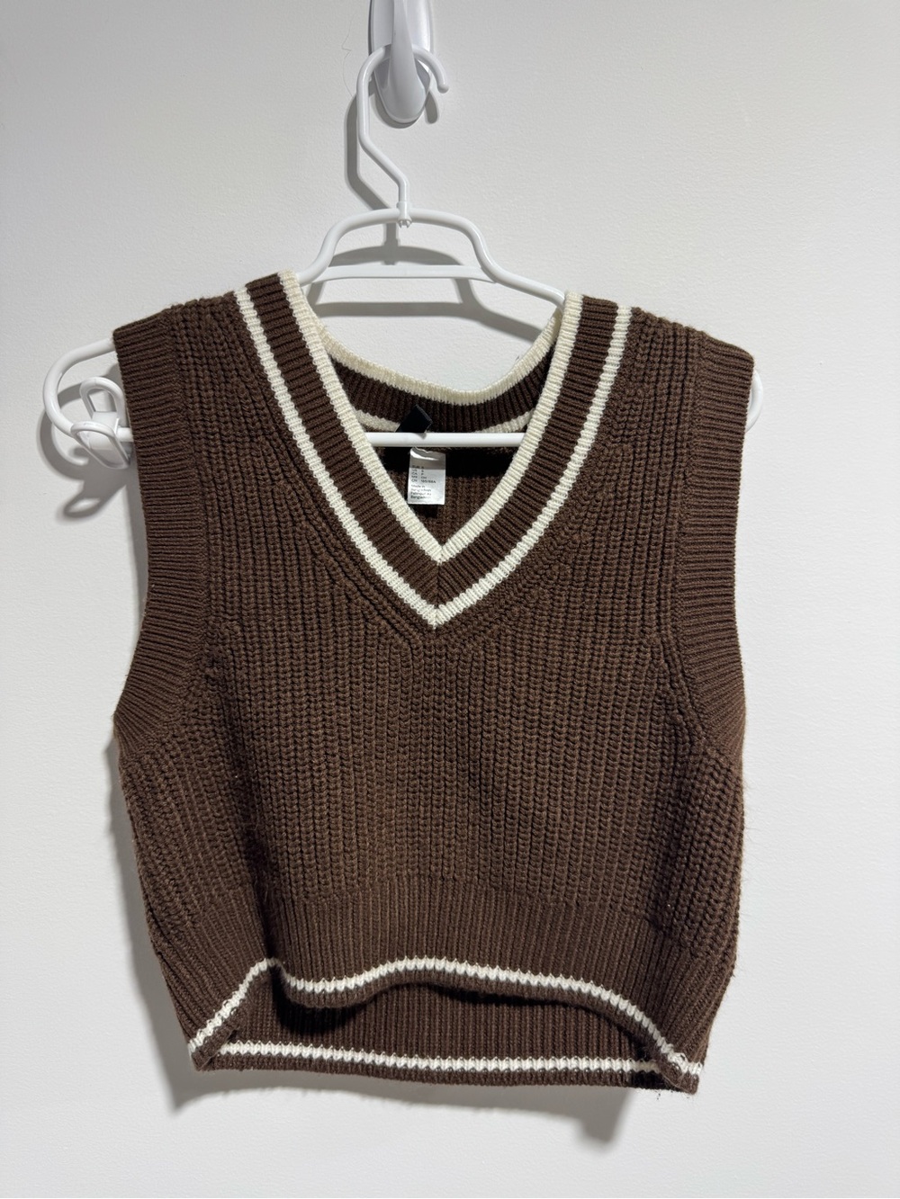 Brown V-Neck Knit Sweater Vest with Ivory Trim Small